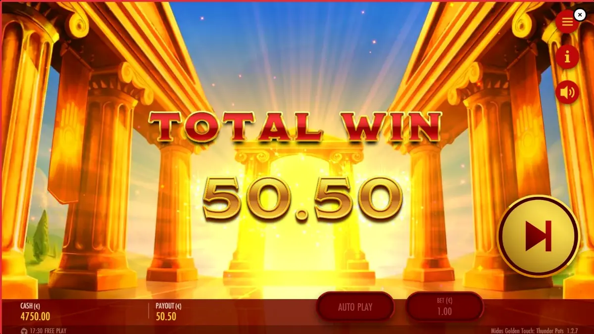 Tampilan visual slot Midas Golden Touch: Thunder Pots dengan tema emas dan pilar Yunani