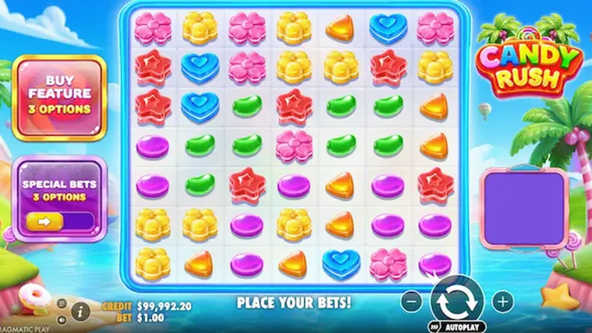 Tampilan visual cerah dan penuh warna dari permainan slot Candy Rush
